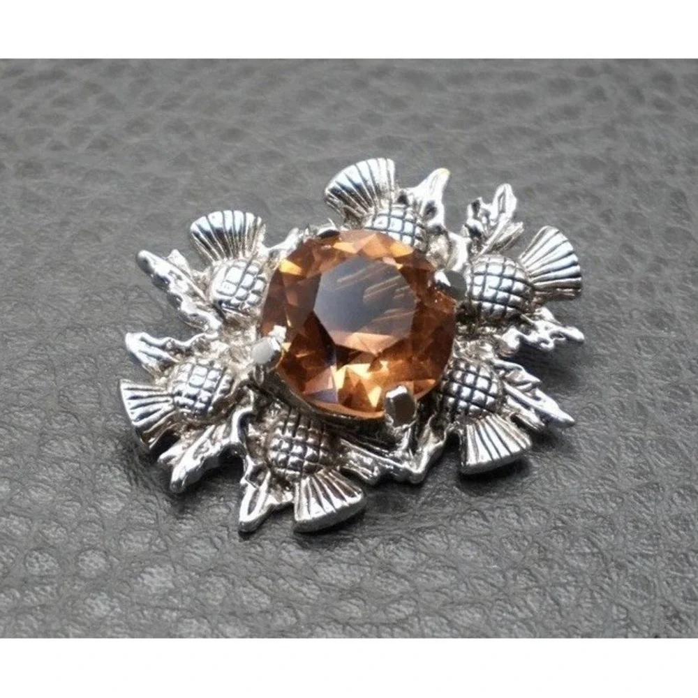 Vintage Celtic Thistle Brooch Amber Orange Crystal Rhinestone Silver Tone